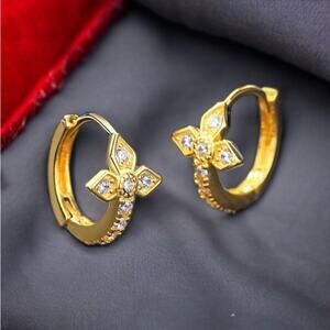 NEW 14K yellow gold pl over sterling silver CZ hoop cross earrings jewelry B5A